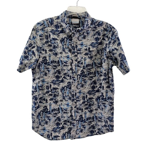 Columbia Men’s Sailboat Lighthouse Print Button Up Short Sleeve Shirt Sz Medium - Picture 12 of 15